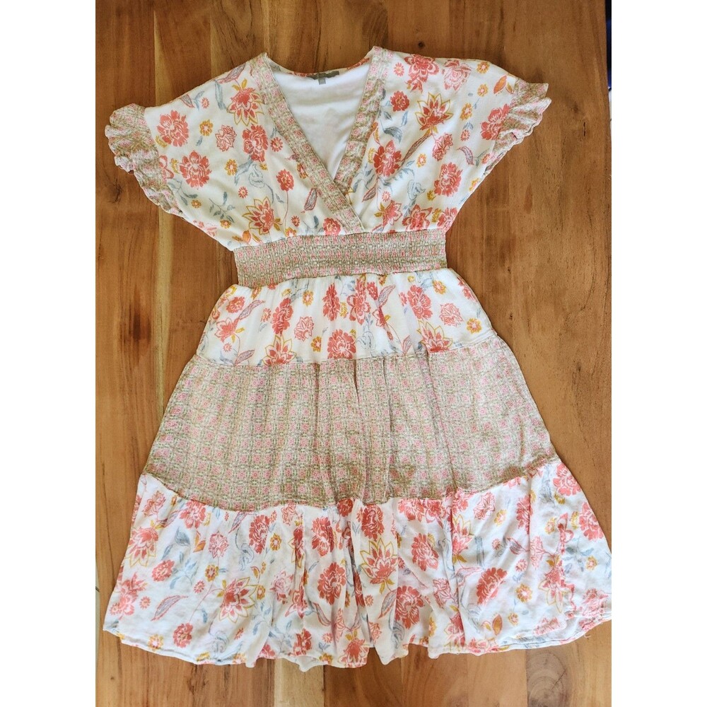 J Gee White Coral Floral Smocked Midi Dress Women's Petite XL Boho Cottagecore